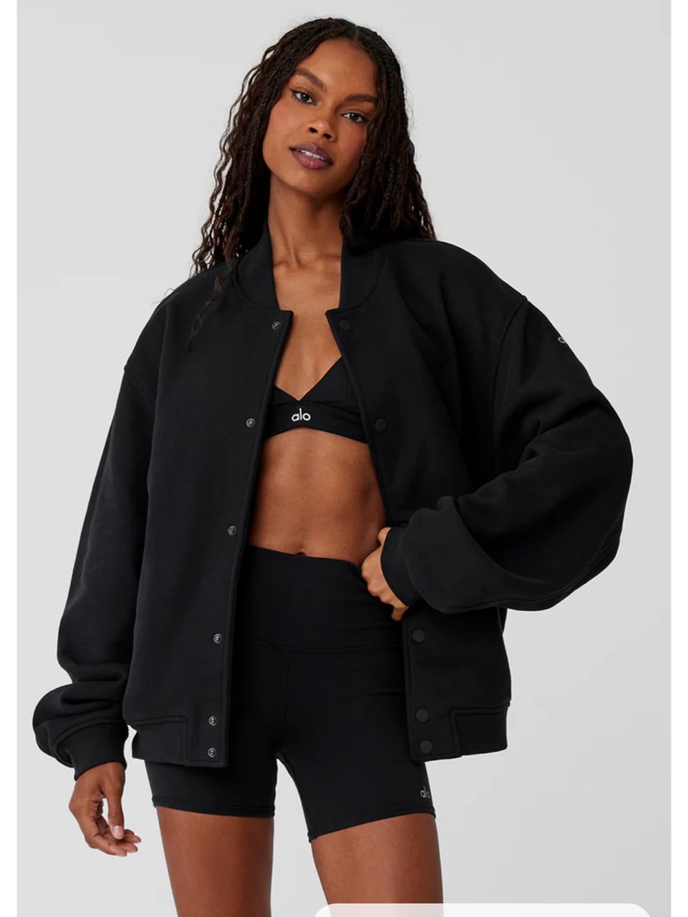 alo Yoga Renown Varsity Jacket in 
black size M in premium terry